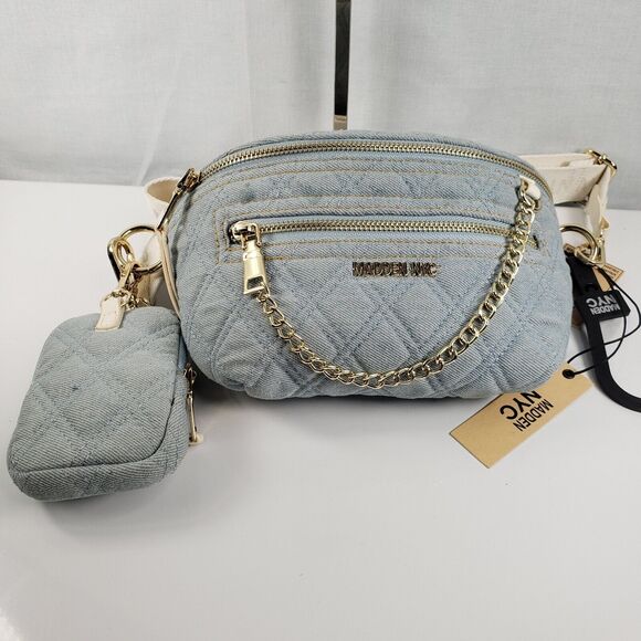 Madden NYC Women's Gold Chain Pocket Fanny Pack Crossbody with Pouch Denim New - Picture 12 of 16